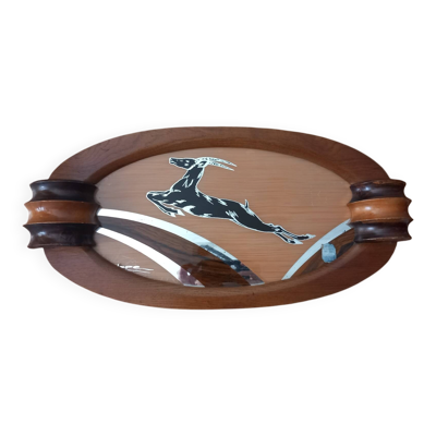 Plateau de service Art Déco en bois et miroir signé Dope, années 30