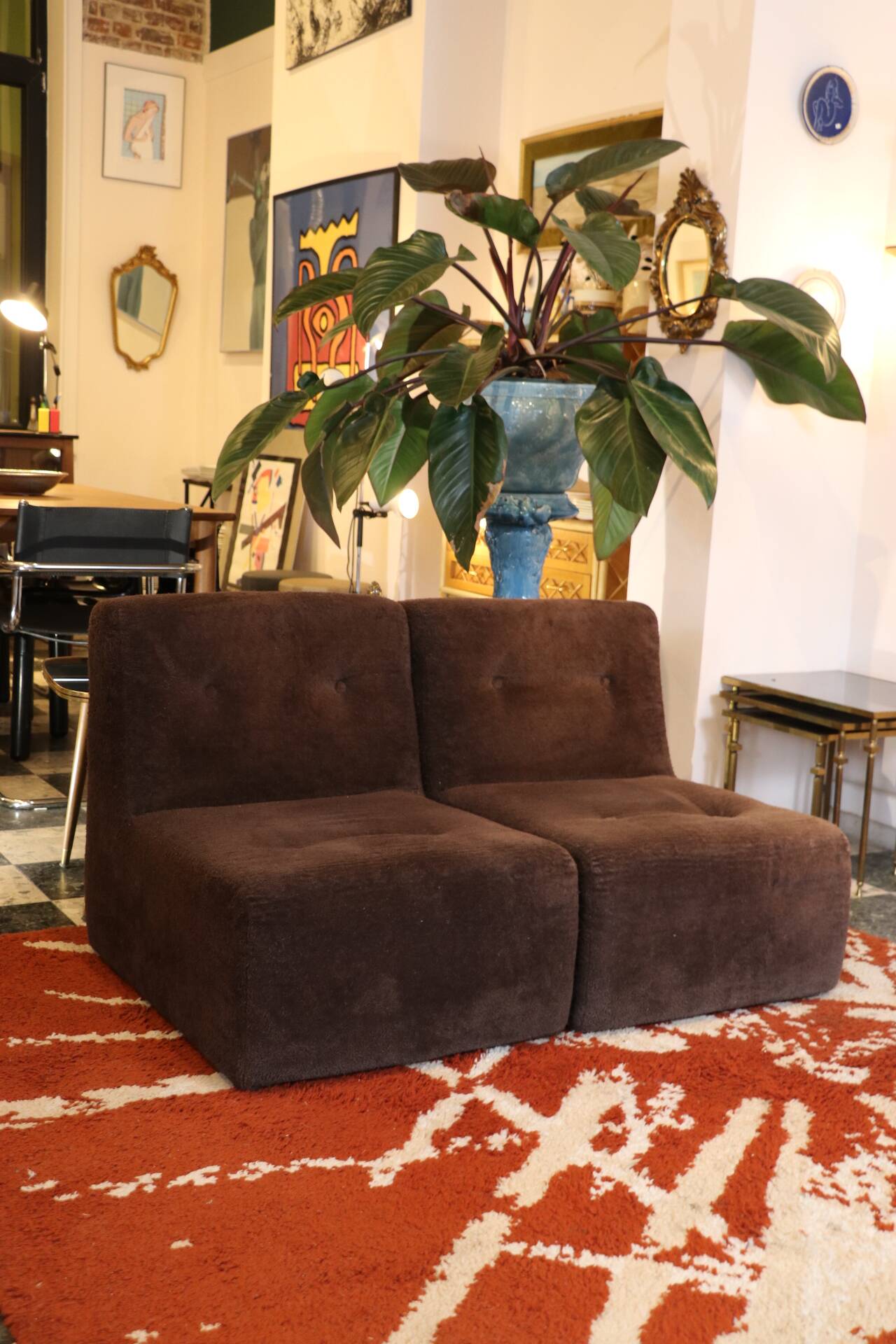 Pair of vintage brown fabric armchairs