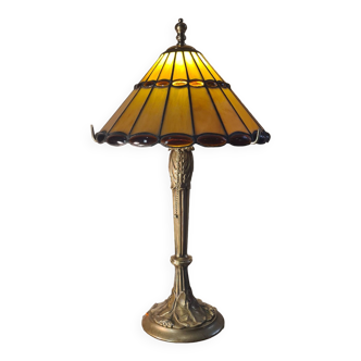 Grande lampe bronze massif art nouveau 1900, abat jour tiffany 55x30 inter a tirette