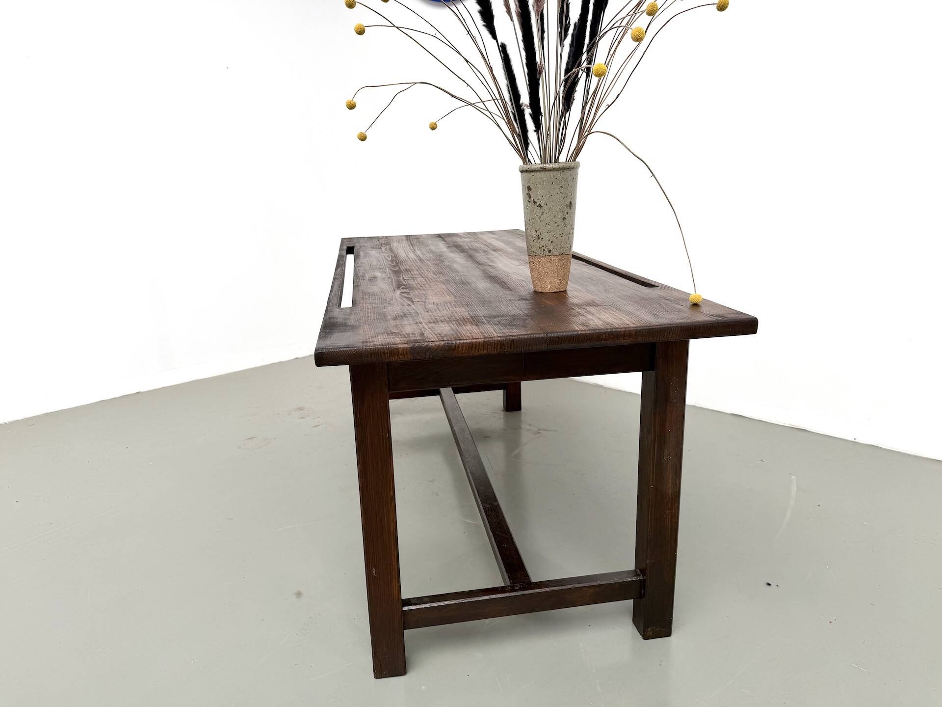 Solid pine work table, grooved top, satin brown finish, year