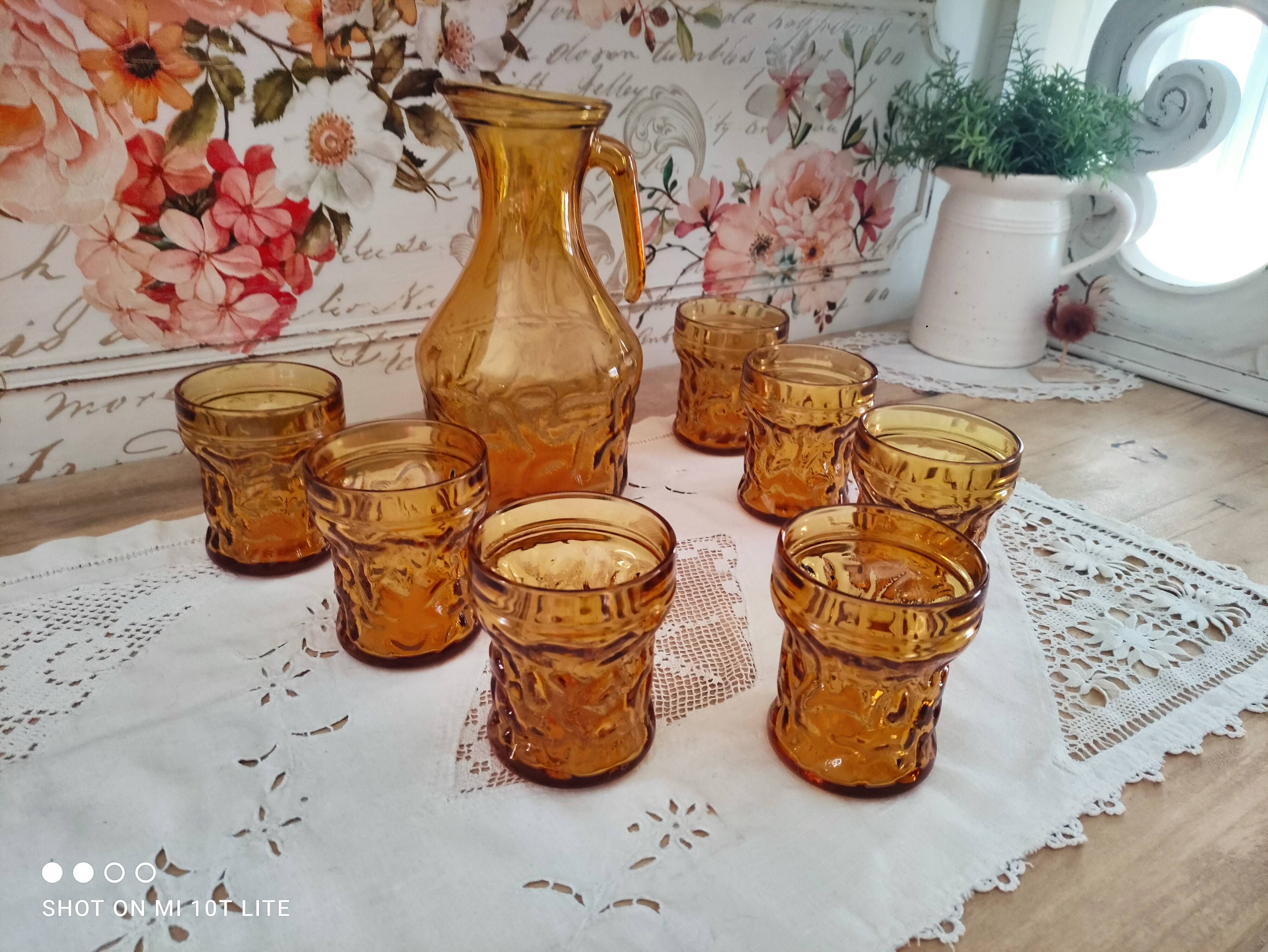 Vintage Italian orangeade or lemonade service 8 pieces 7 people textured amber glass