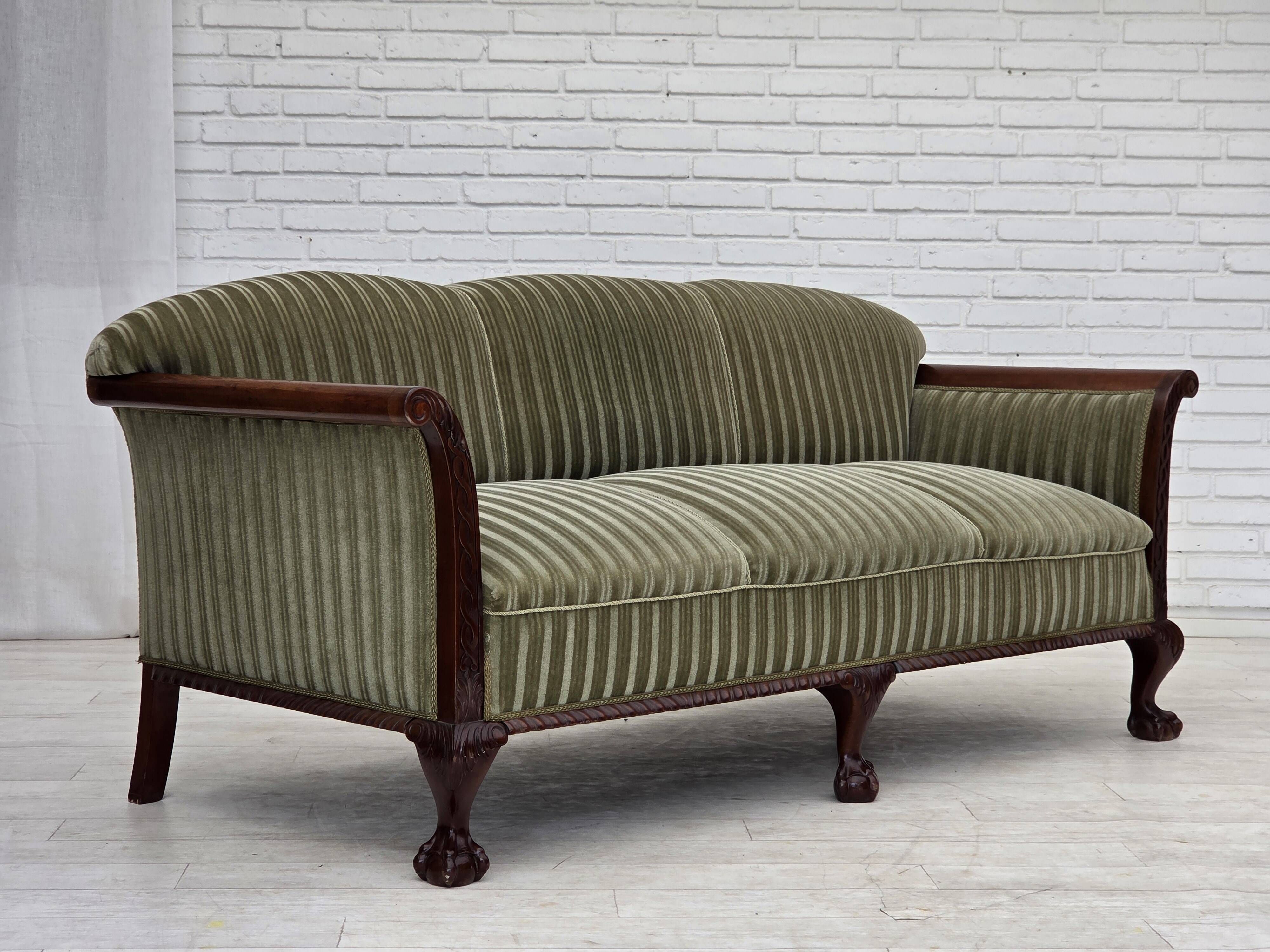 1950s, 3-seater Danish sofa, green furniture velour, teak wood.