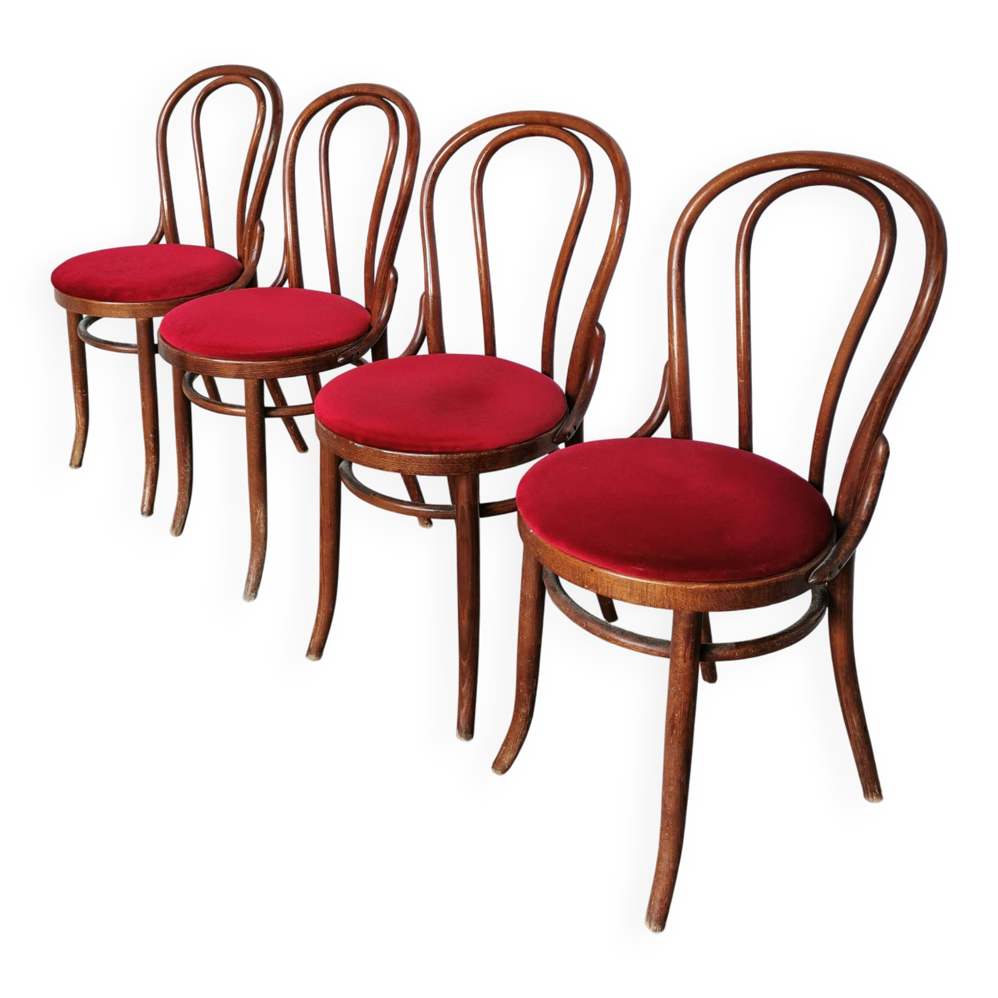 Set of 4 Vintage Bentwood Bistro Chairs, Red Upholstery