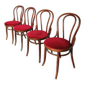 Set of 4 Vintage Bentwood Bistro Chairs, Red Upholstery