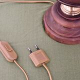 French Mid Century Round Lamp in Turned Wood and Gold Metal Beige Fabric Shade 3625