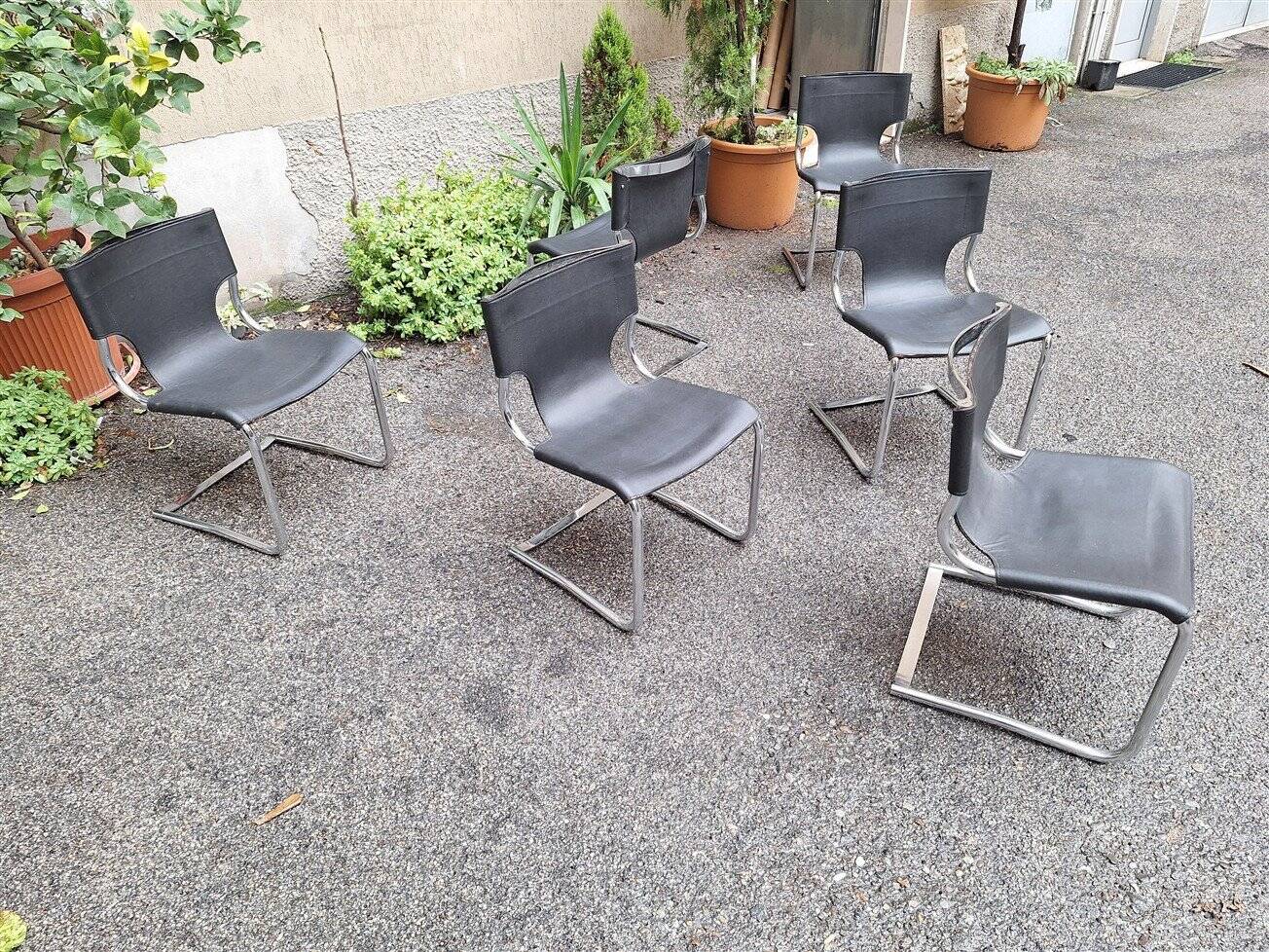 Model 920 Chairs in Chrome and Black Leather by Carlo Bartoli for T70, 1970s, Set of 6