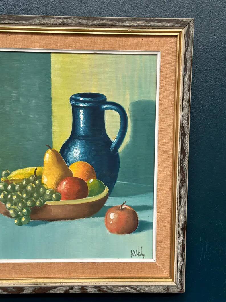 Original Swedish Oil on Canvas – 'Still Life with Fruits and Jug', Unknown Artist – Signed – Vintage and Framed – 52 × 44 cm (20.4" × 17.3")