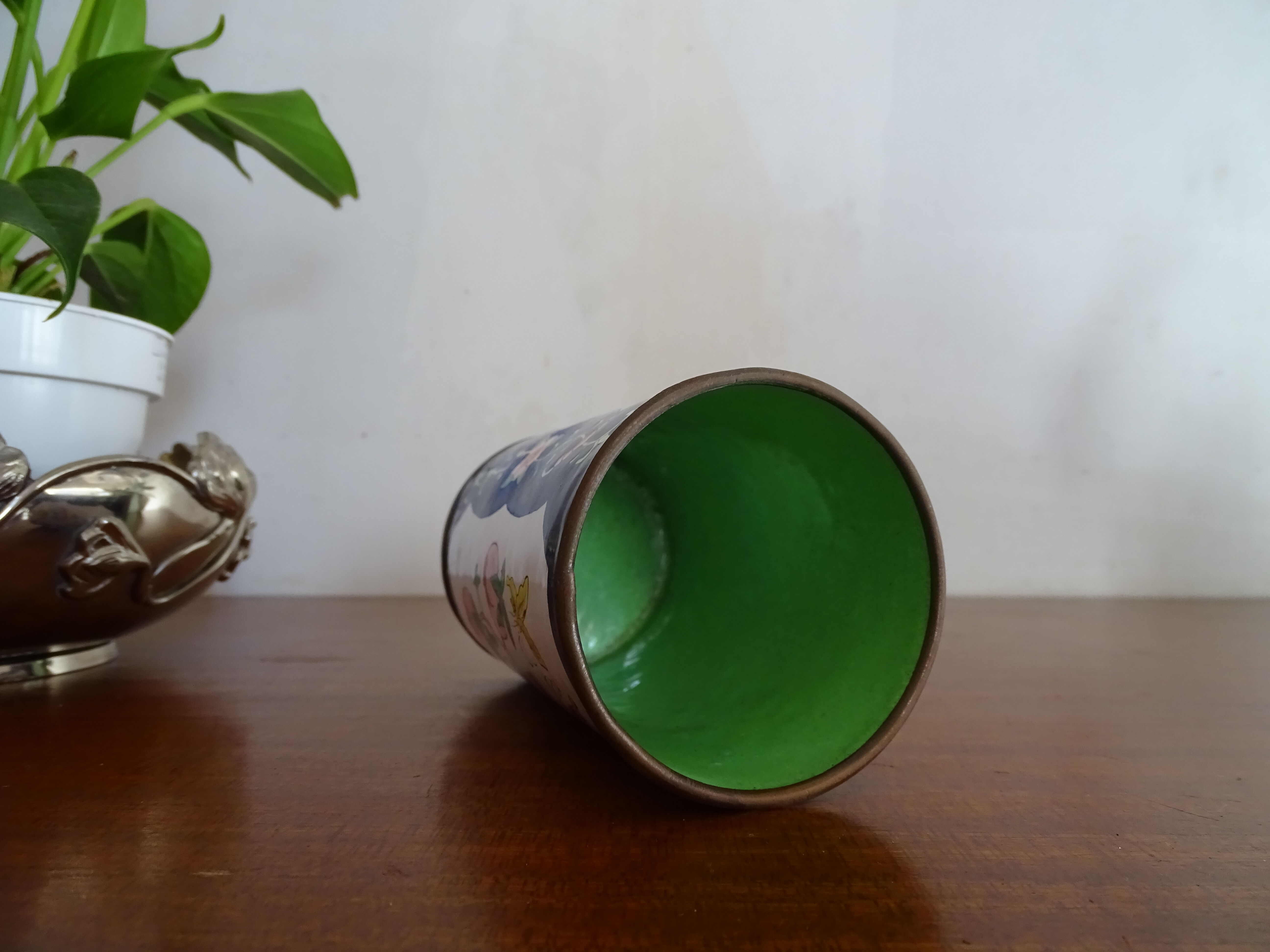 Cloisonné enamel pencil pot on copper
