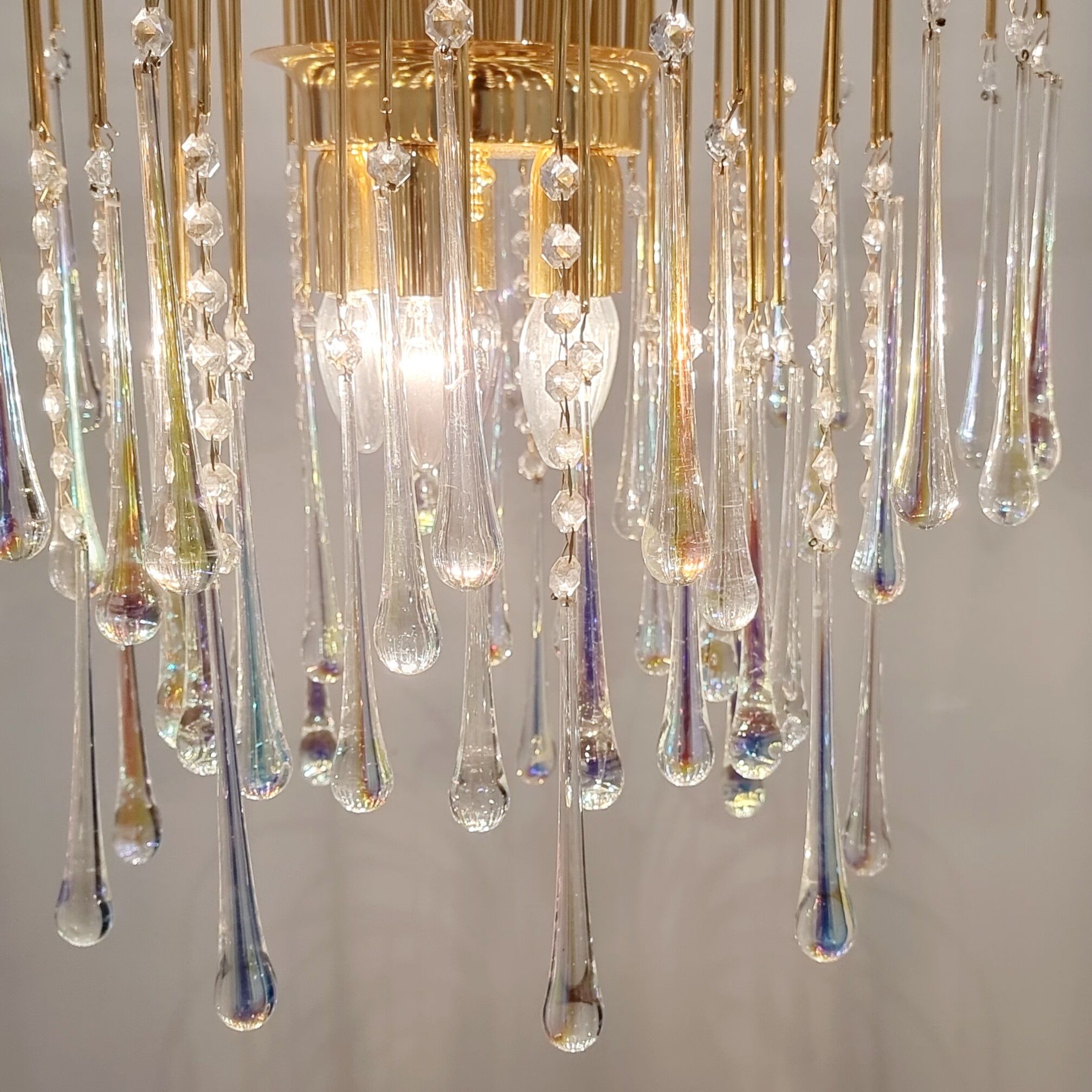 Murano glass & brass teardrop waterfall chandelier/ceiling lamp, italy
