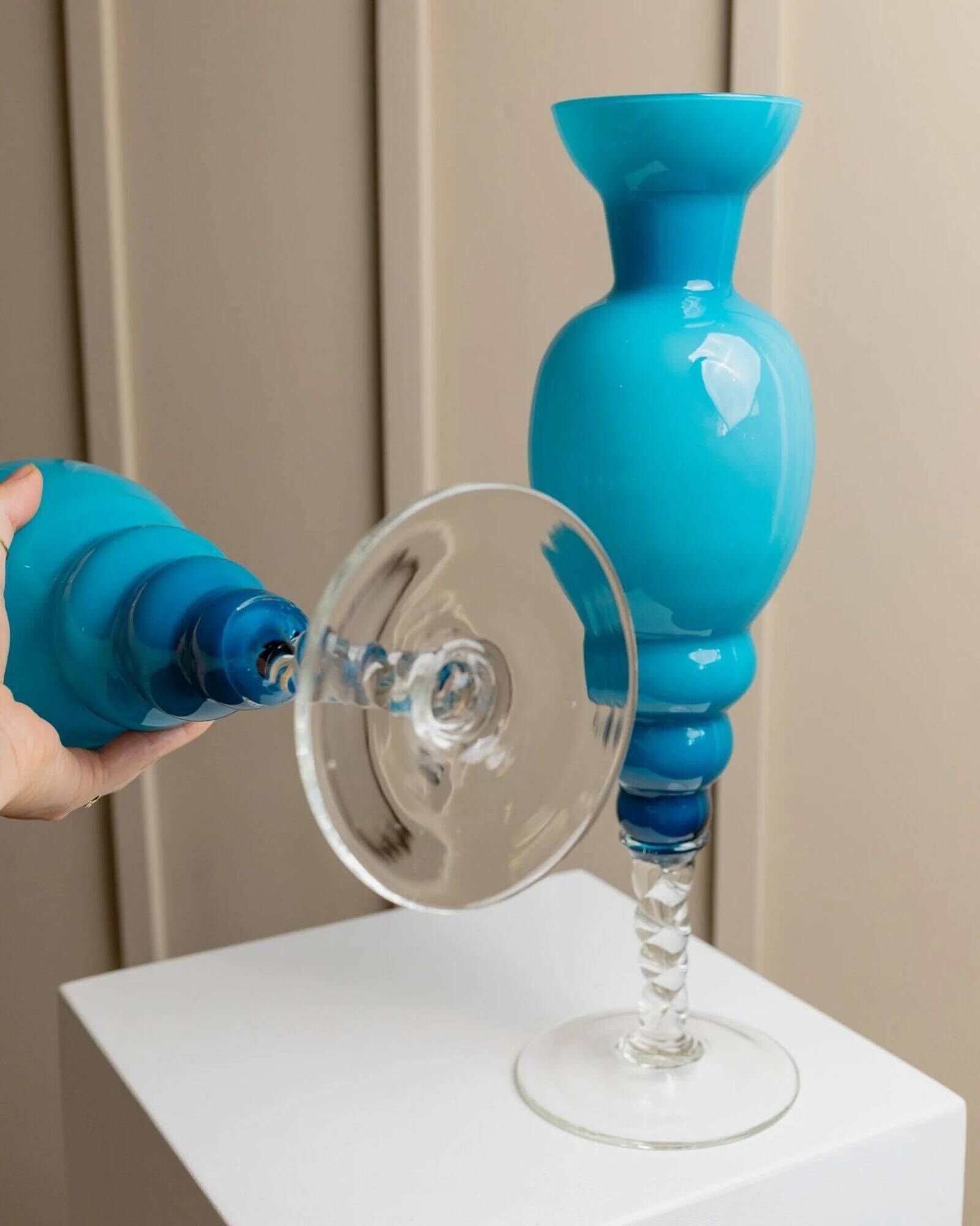 Azure Blue Murano Glass Vase XL, Fluted Beaded Silhouette, 1960s Hollywood Regency