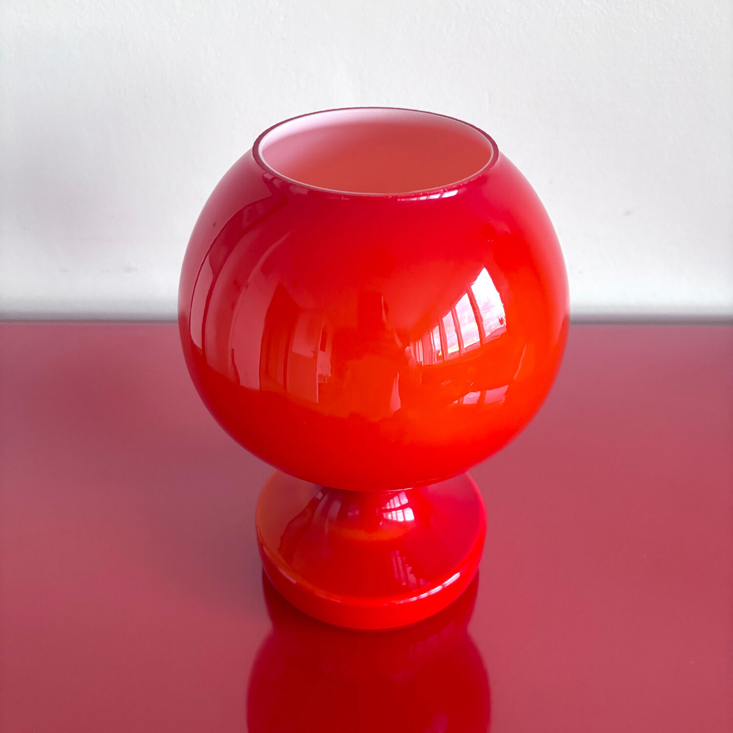 Red opaline glass table lamp, Osvetlovaci sklo, Czechoslovakia