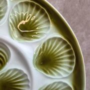 Vintage green earthenware oyster platter – probably Saint-Amand – 35.5 cm
