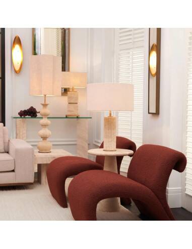 Pair of travertine and patinated brass table lamps, perfect for contemporary interiors.