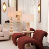 Pair of travertine and patinated brass table lamps, perfect for contemporary interiors.