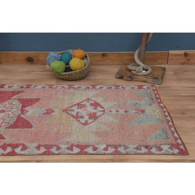 1970s Vintage Turkish Handmade Wool & Cotton Pink Runner Rug 100X349