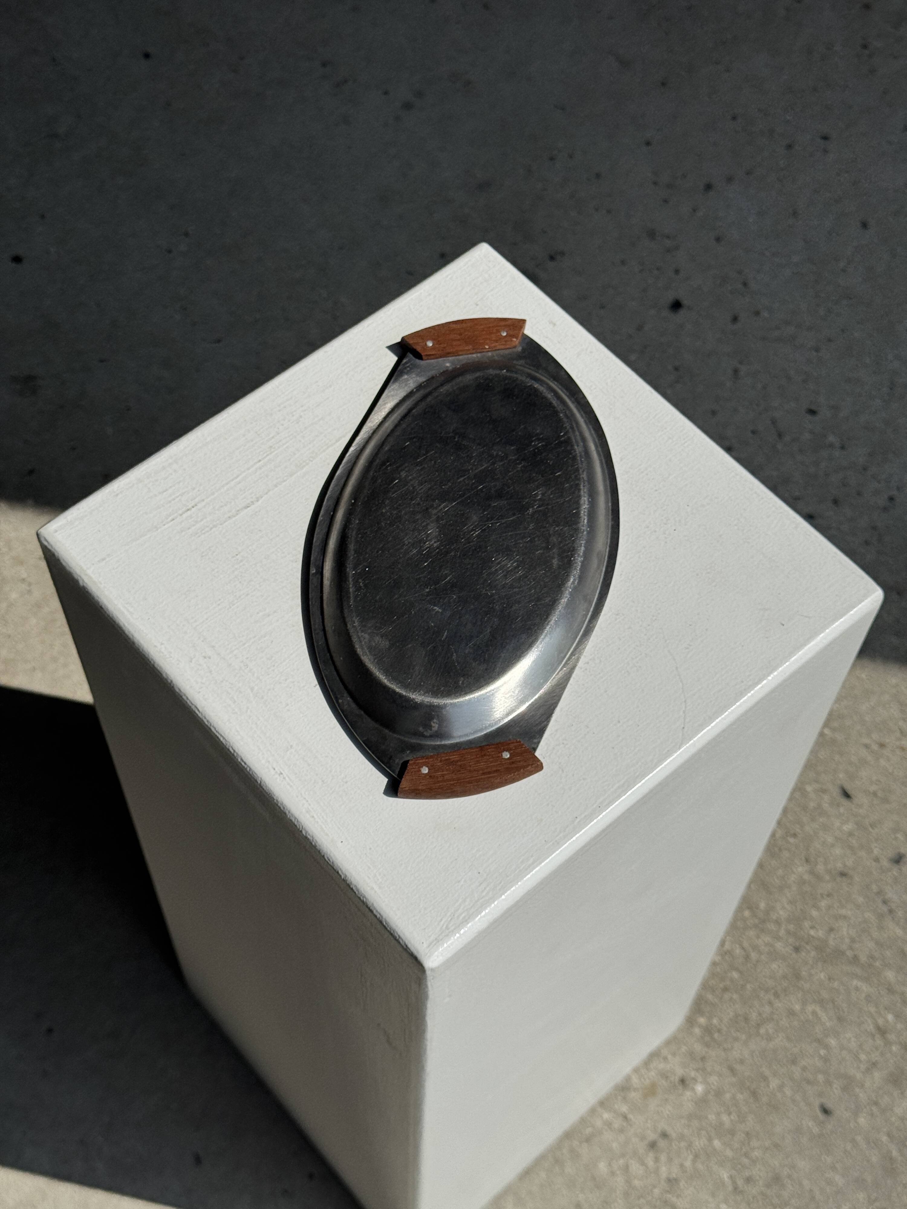 Small oval tray in modernist metal and wood