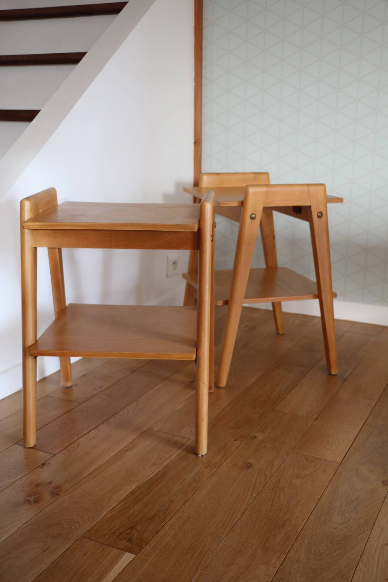 2 light oak bedside tables with two shelves from 1950.