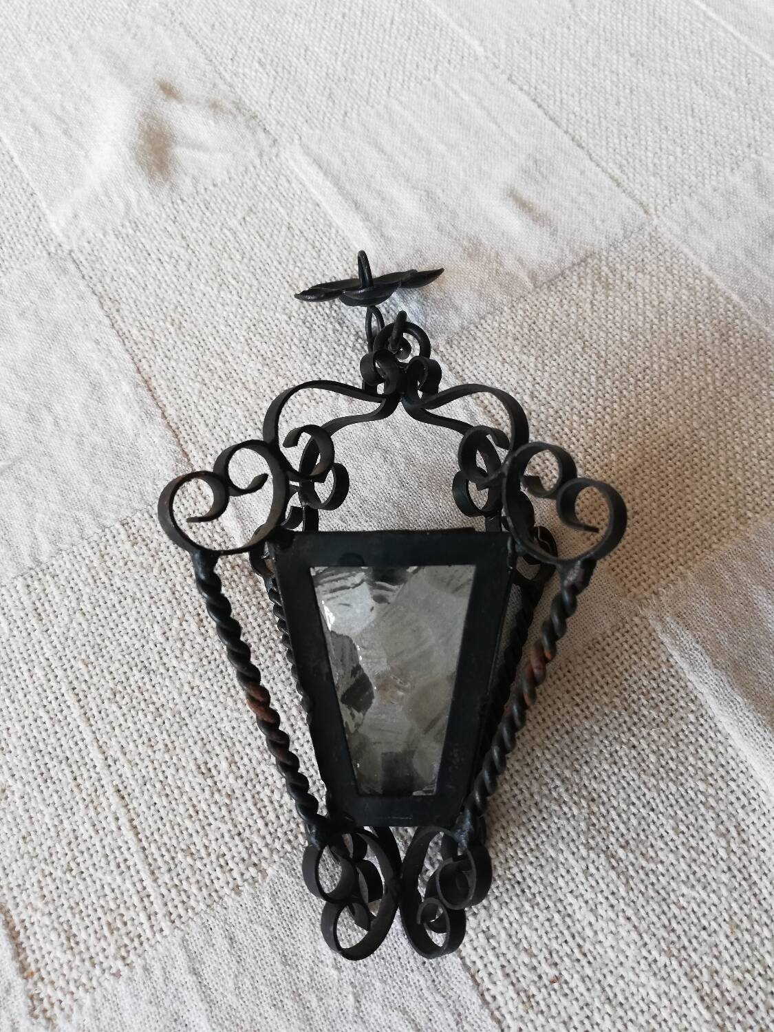 Small vintage wrought iron and glass lantern for dollhouse