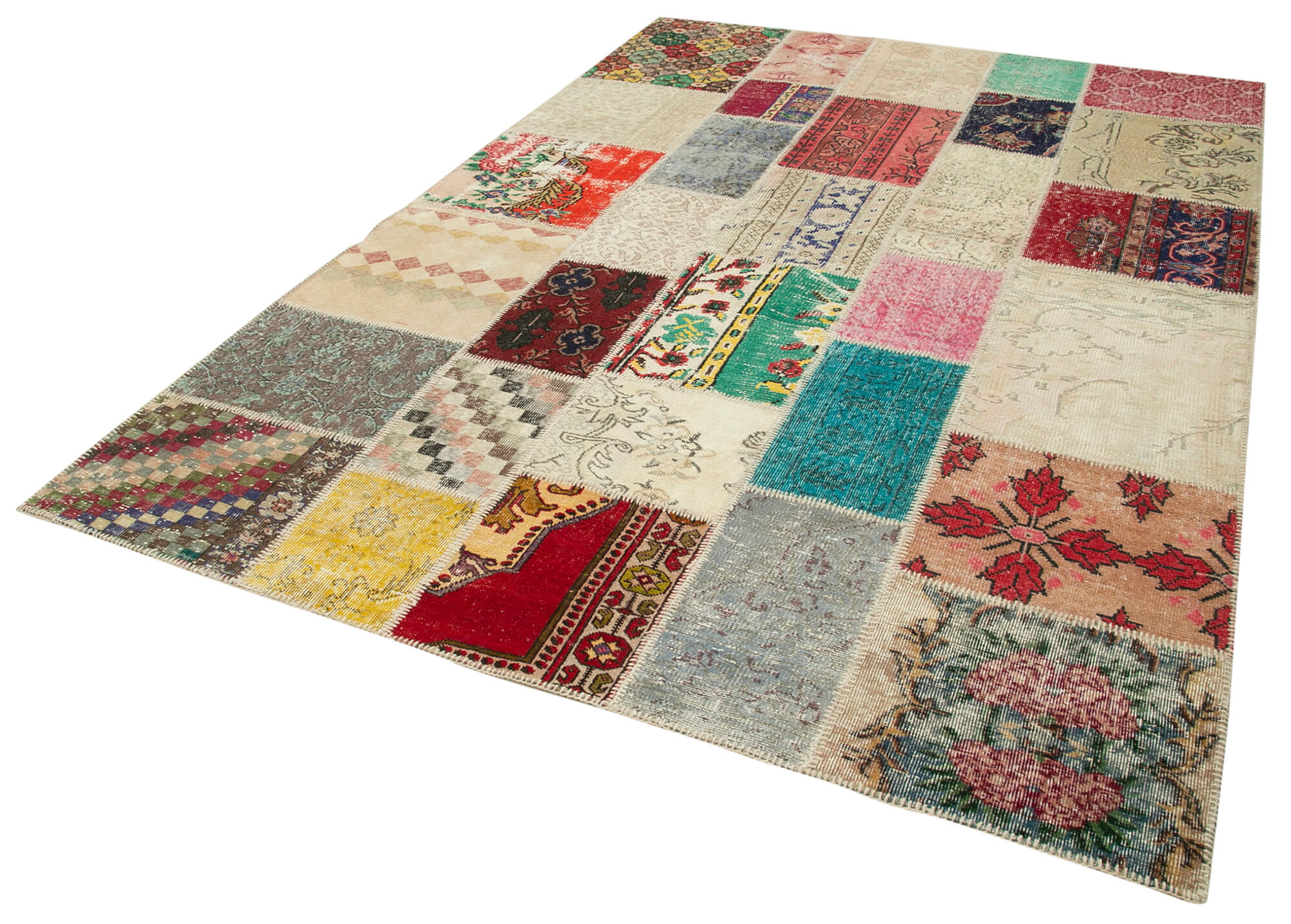 Handmade anatolian overdyed 204 cm x 296 cm multicolor patchwork carpet