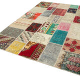 Handmade anatolian overdyed 204 cm x 296 cm multicolor patchwork carpet