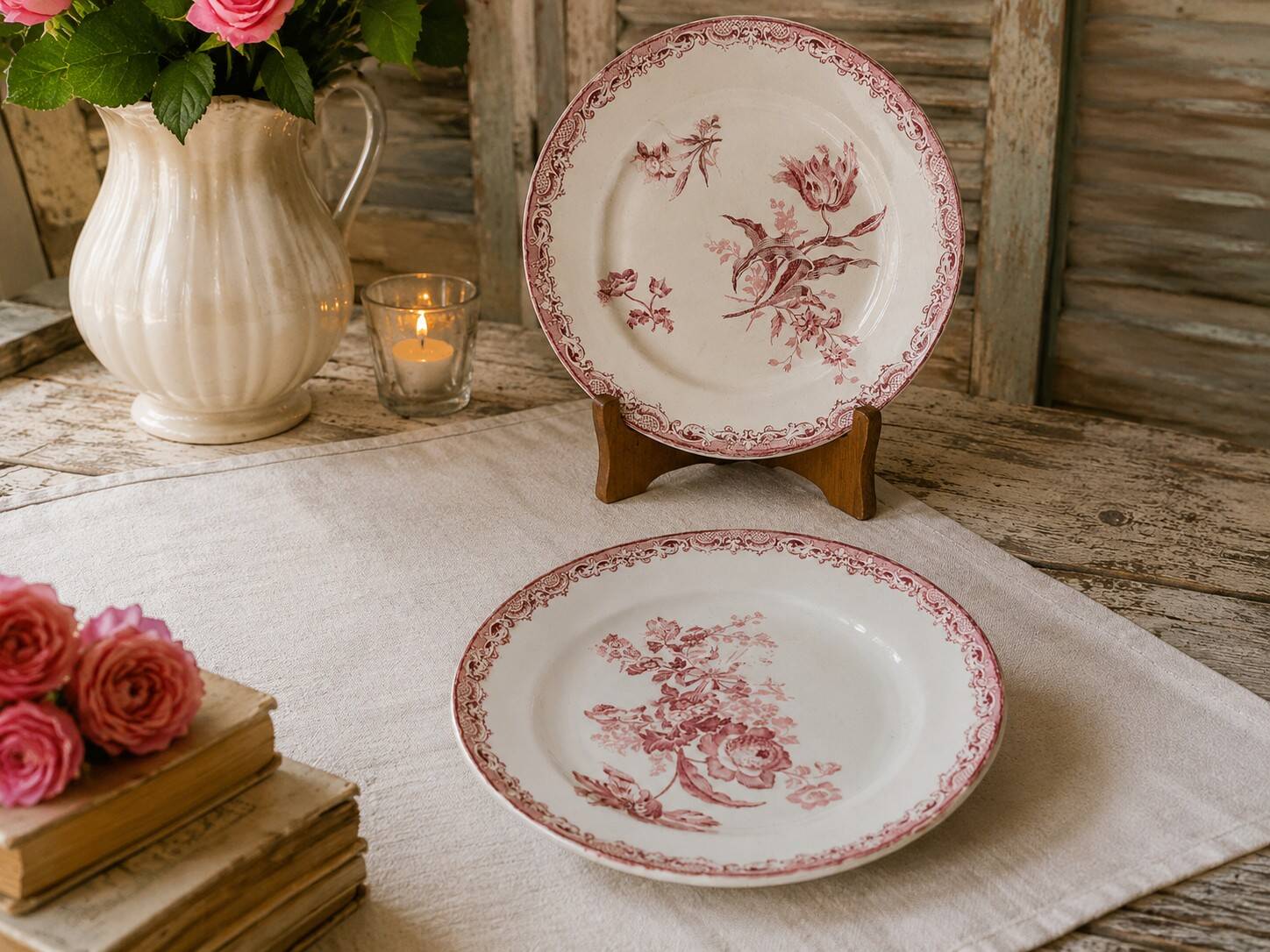 6 assiettes anciennes terre de fer rose dépareillées