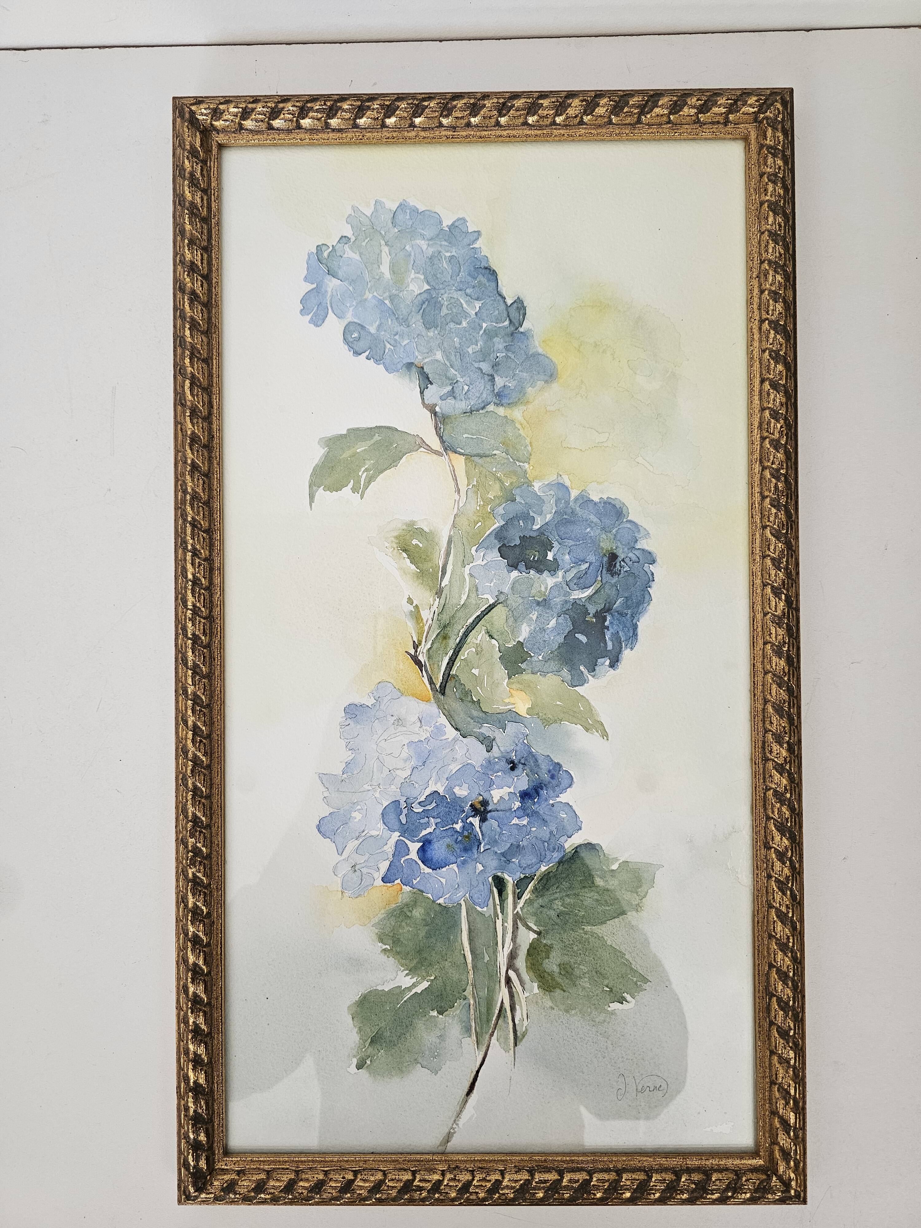 Tableau Aquarelle Fleurs Hortensia Signé J. Verne