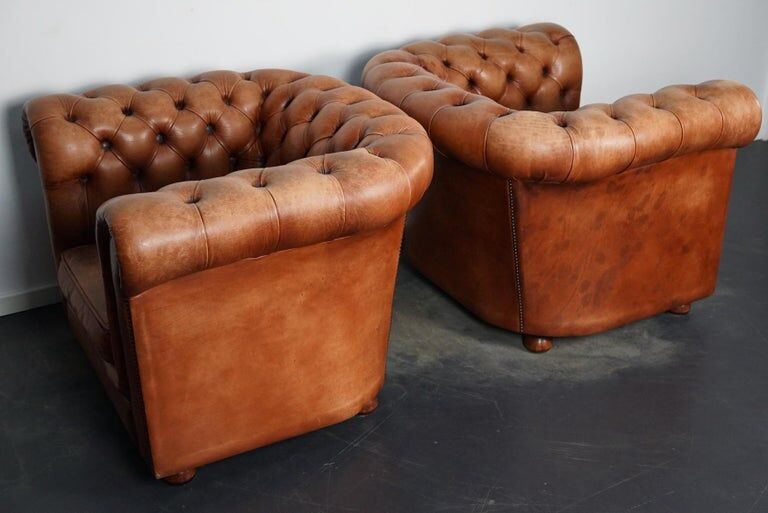 Set of 2 vintage chesterfield club armchairs in cognac leather, Netherlands,