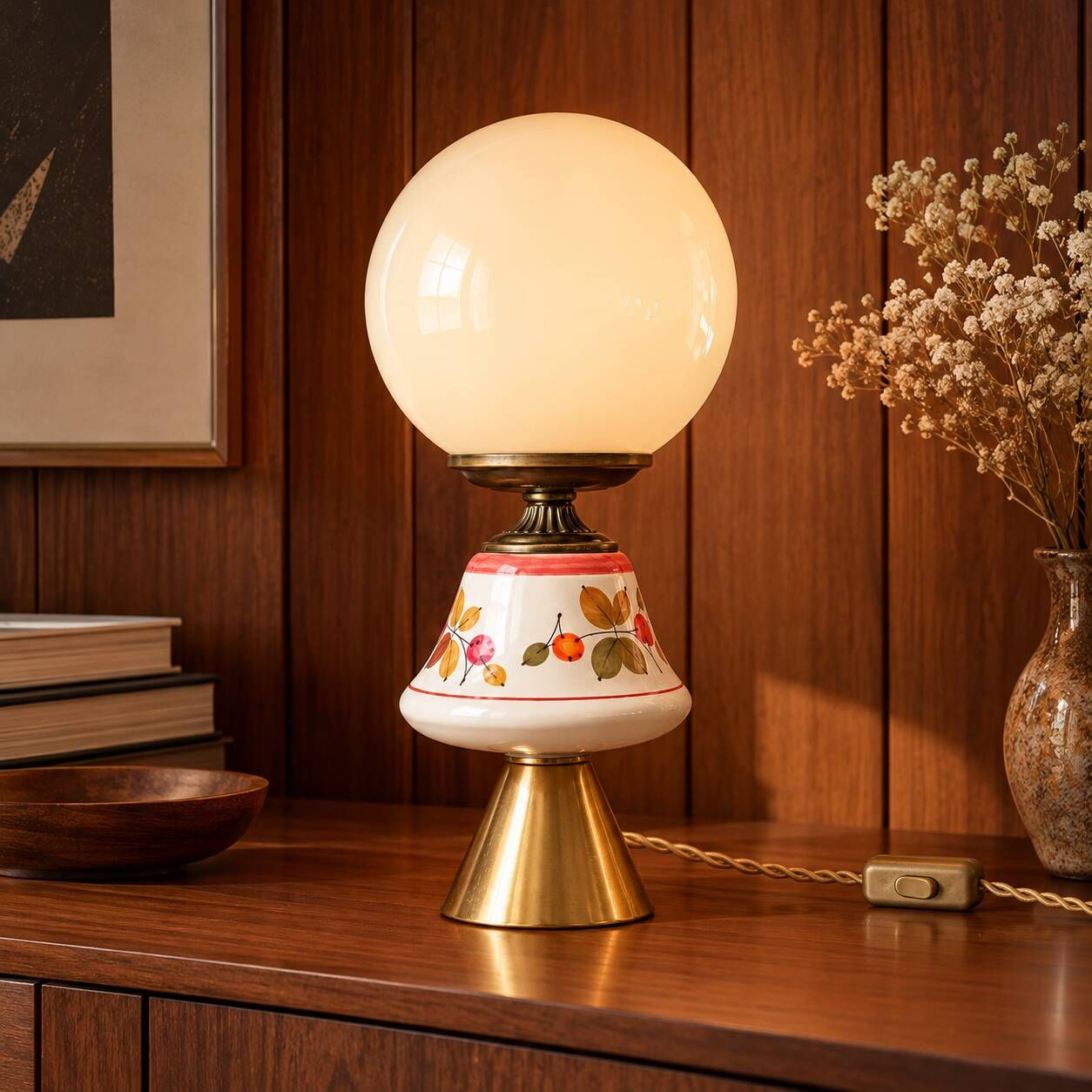 Carrie — Table lamp in white opal, floral ceramic and gilded brass.