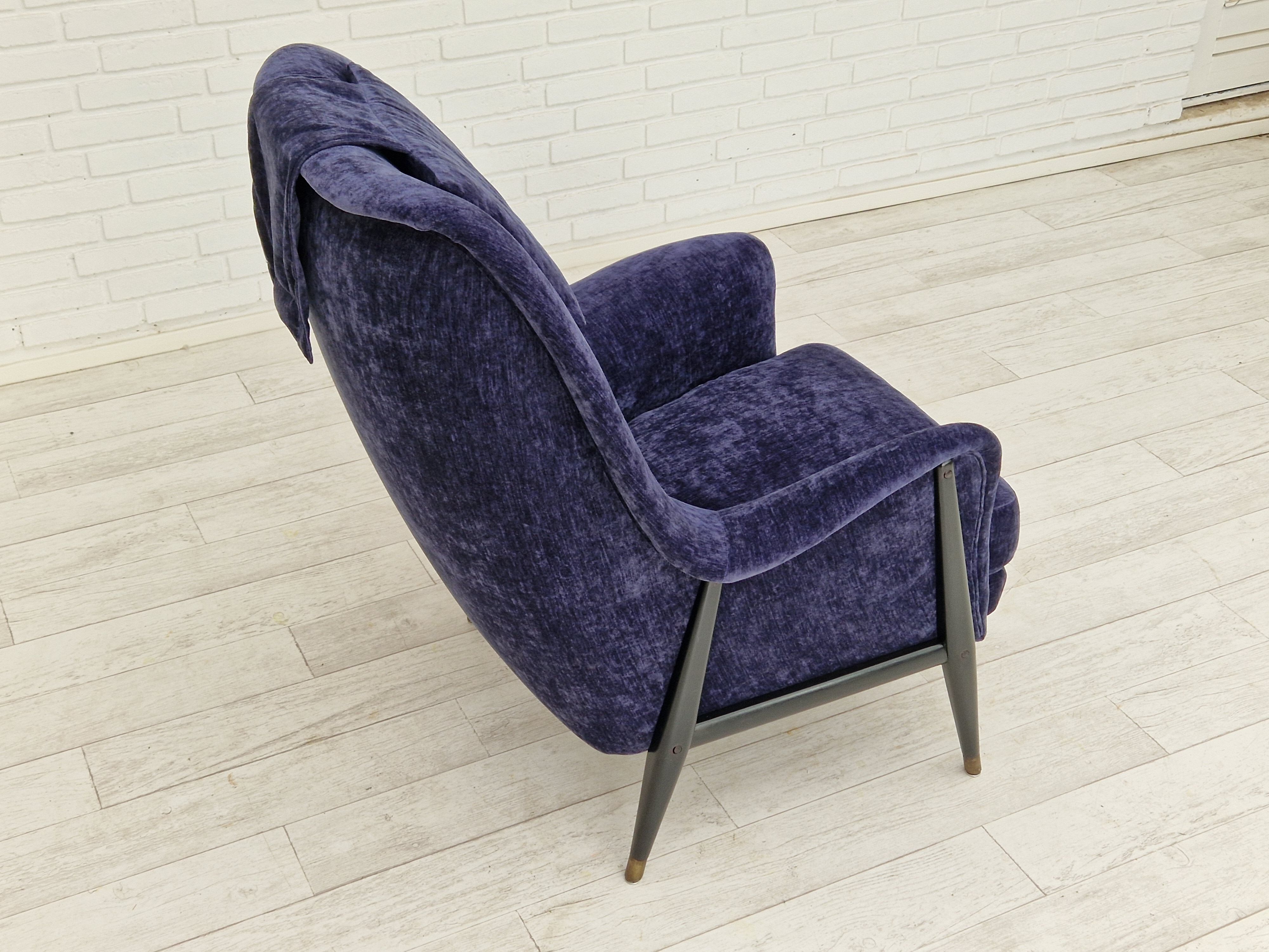 1960s, Swedish design, refurbished high-back armchair, vintage velour