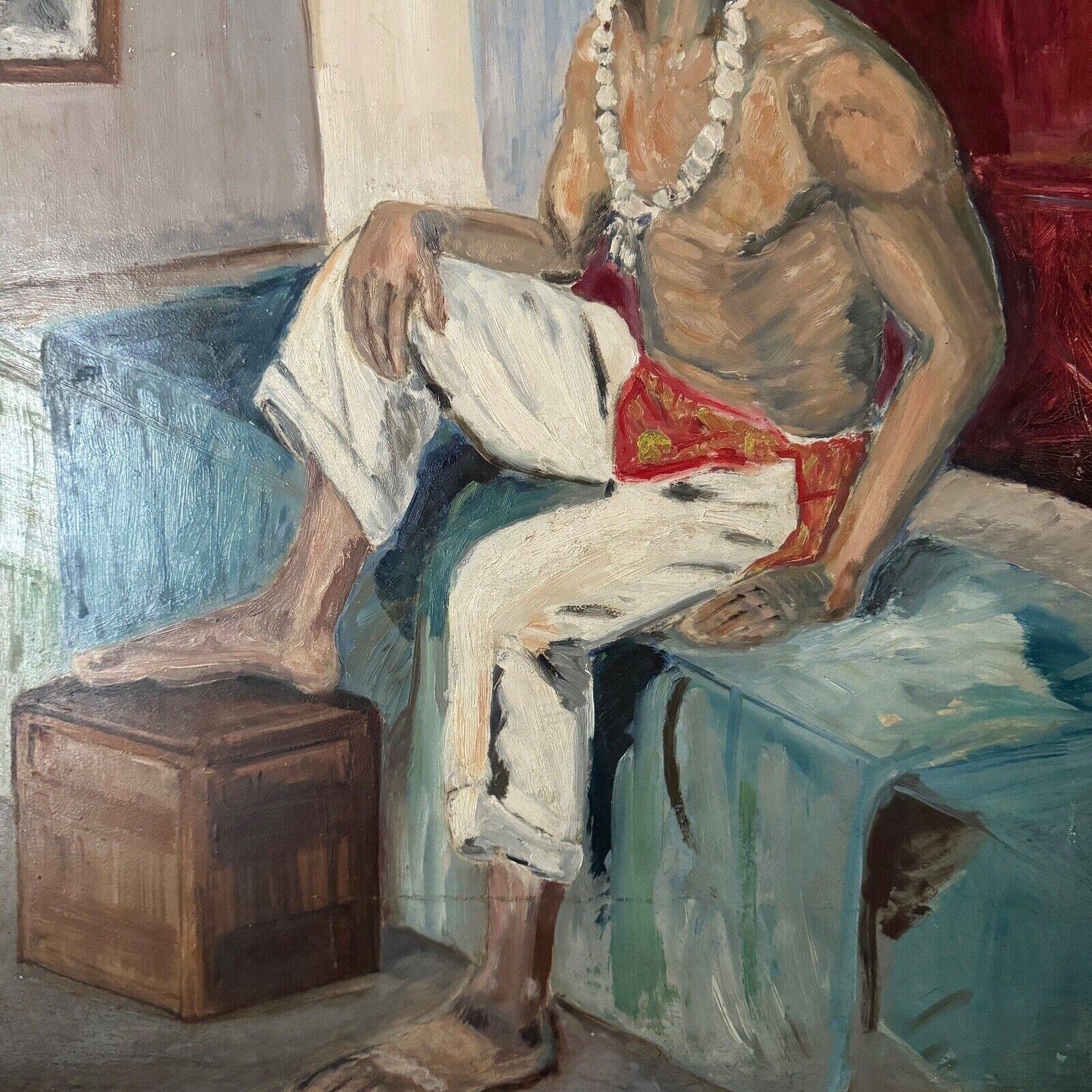 Portrait of a man interior scene by Pegeaud-Deva 20th oil on panel