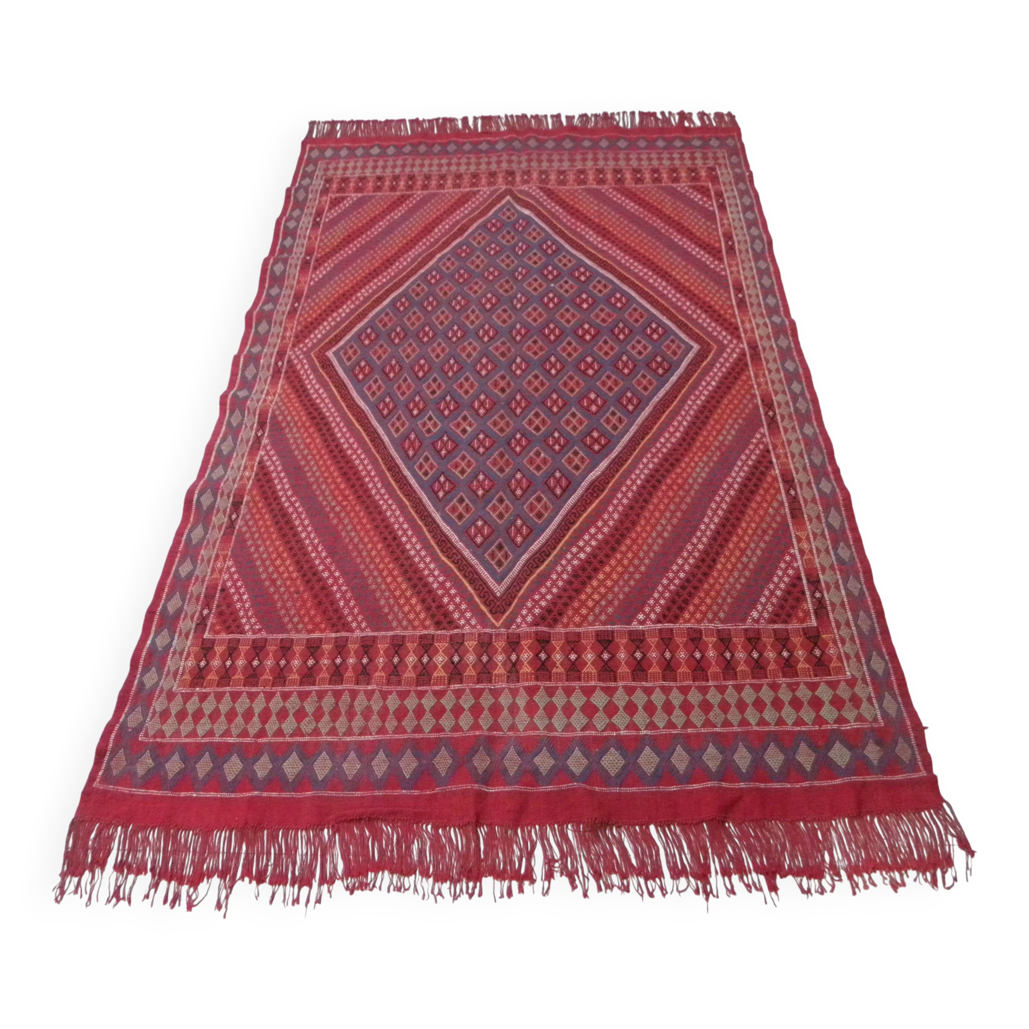 Vintage Tunisian Berber Nomadic Tribal Rug Old Red Diamond Pattern