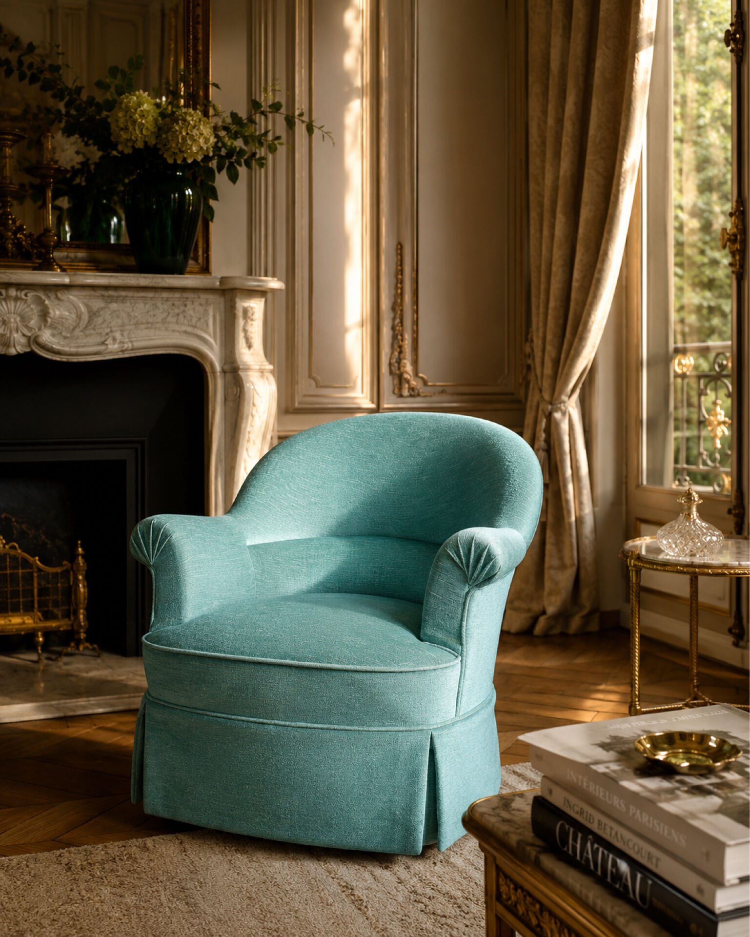 Pair of green velvet frog chairs from the 1970s.