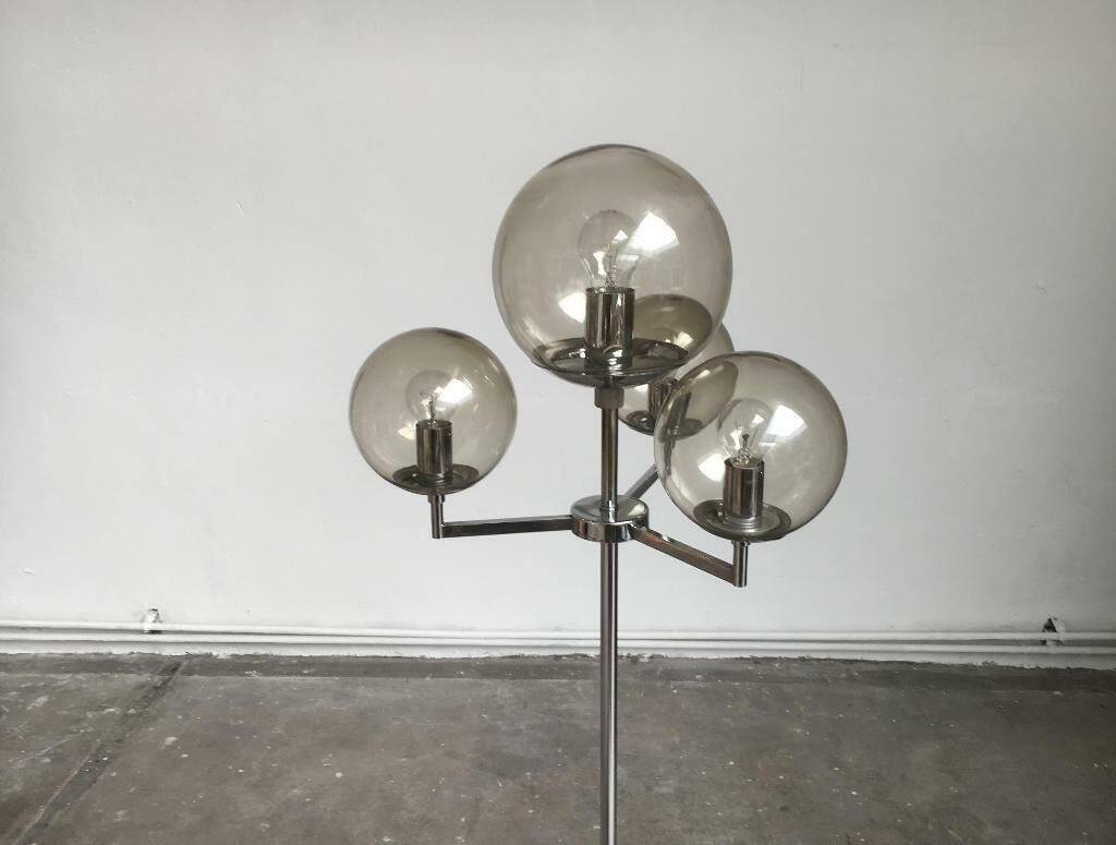 Chrome and glass floor lamp in mid-century German space style by Hustadt Leuchten, 1960s.