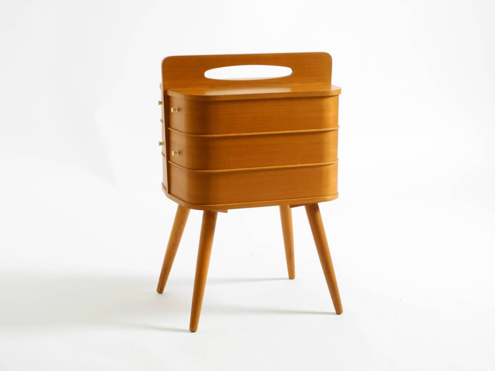 Beautiful original Mid Century teak sewing box with hinged compartments