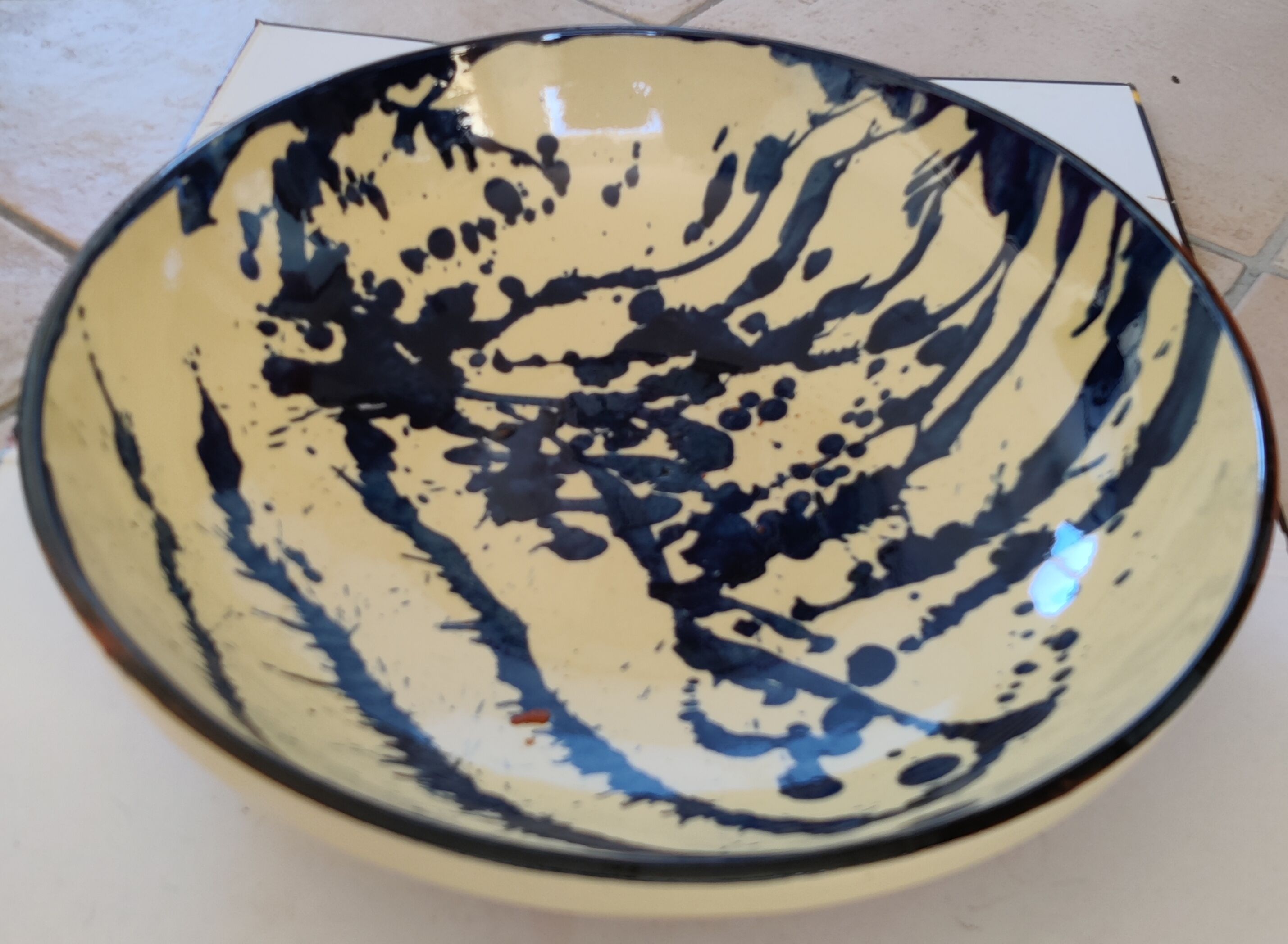 large round dish jatte salad bowl glazed terracotta blue cream