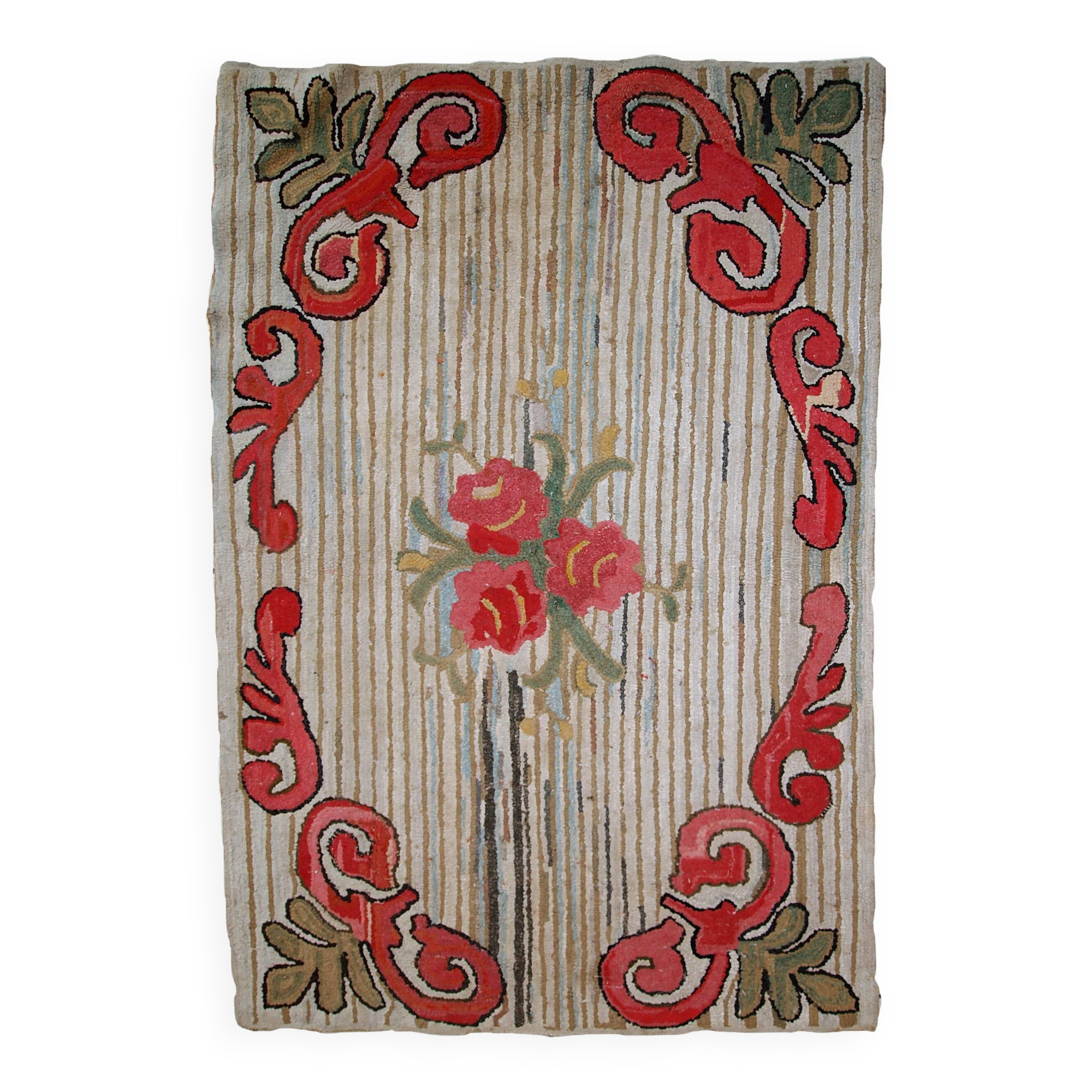 Tapis Hooked Antique Américain, Années 1920, Élégance Florale