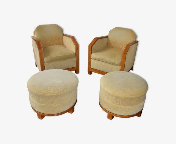 Pair of Art Deco armchairs and poufs