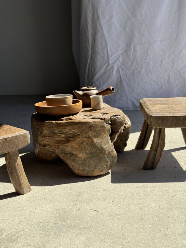 Petit stool, tabouret d'appoint rectangulaire en teck massif wabi-sabi H26
