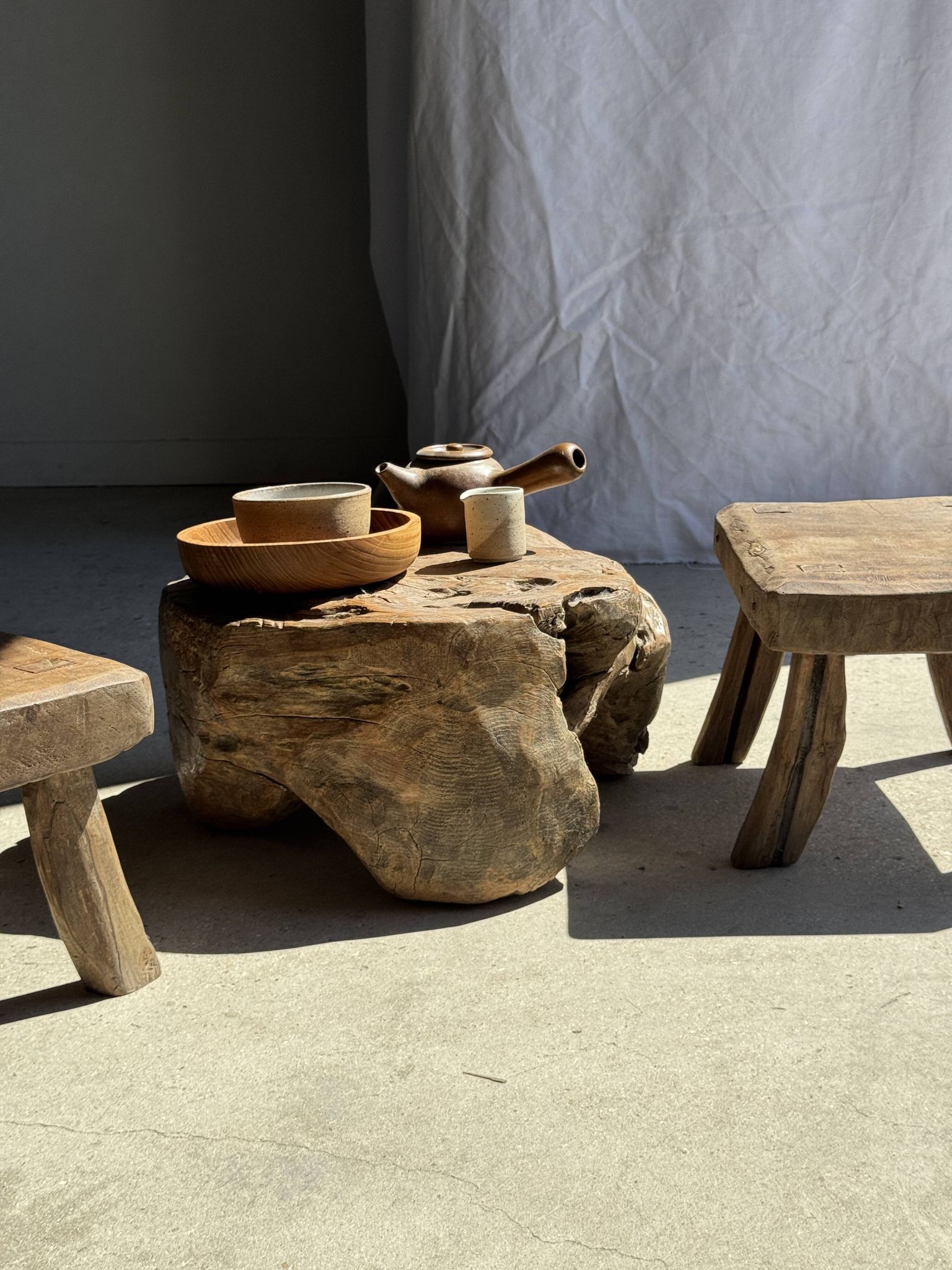 Small stool, rectangular accent stool in solid teak wabi-sabi H26.