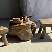 Small stool, rectangular accent stool in solid teak wabi-sabi H26.