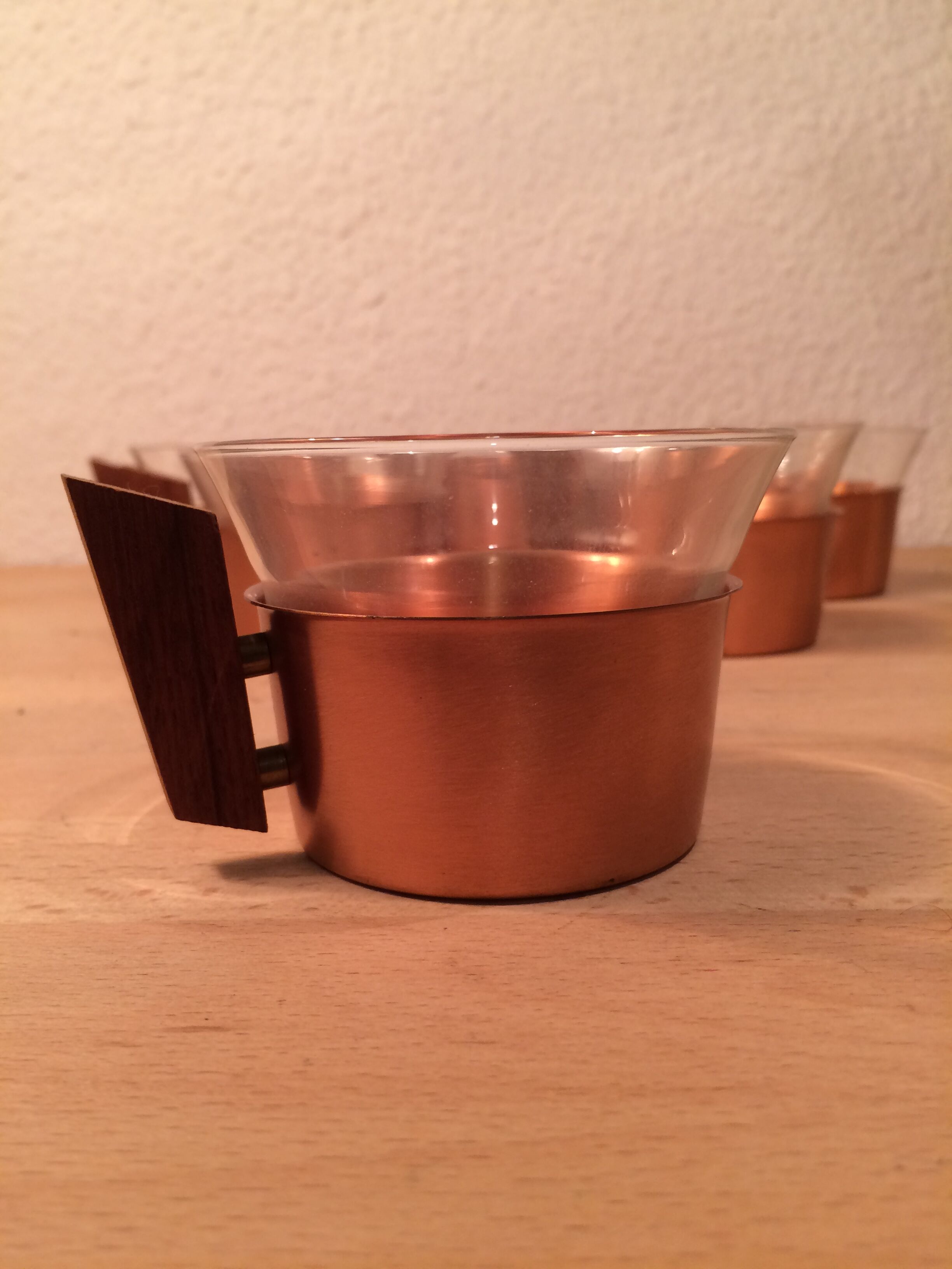6 Scandinavian cups copper and teak Schott & Gen glass 70's