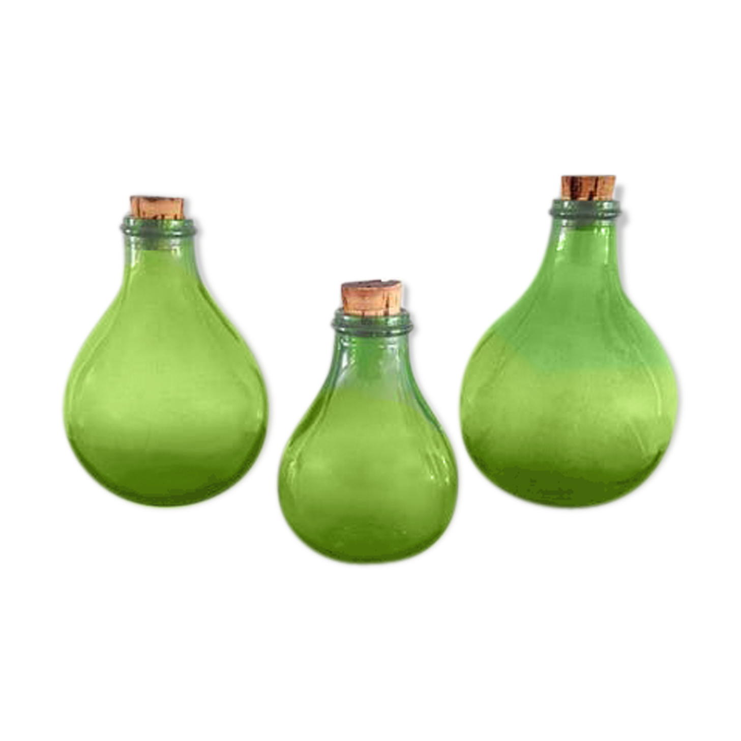 3 green glass bottles