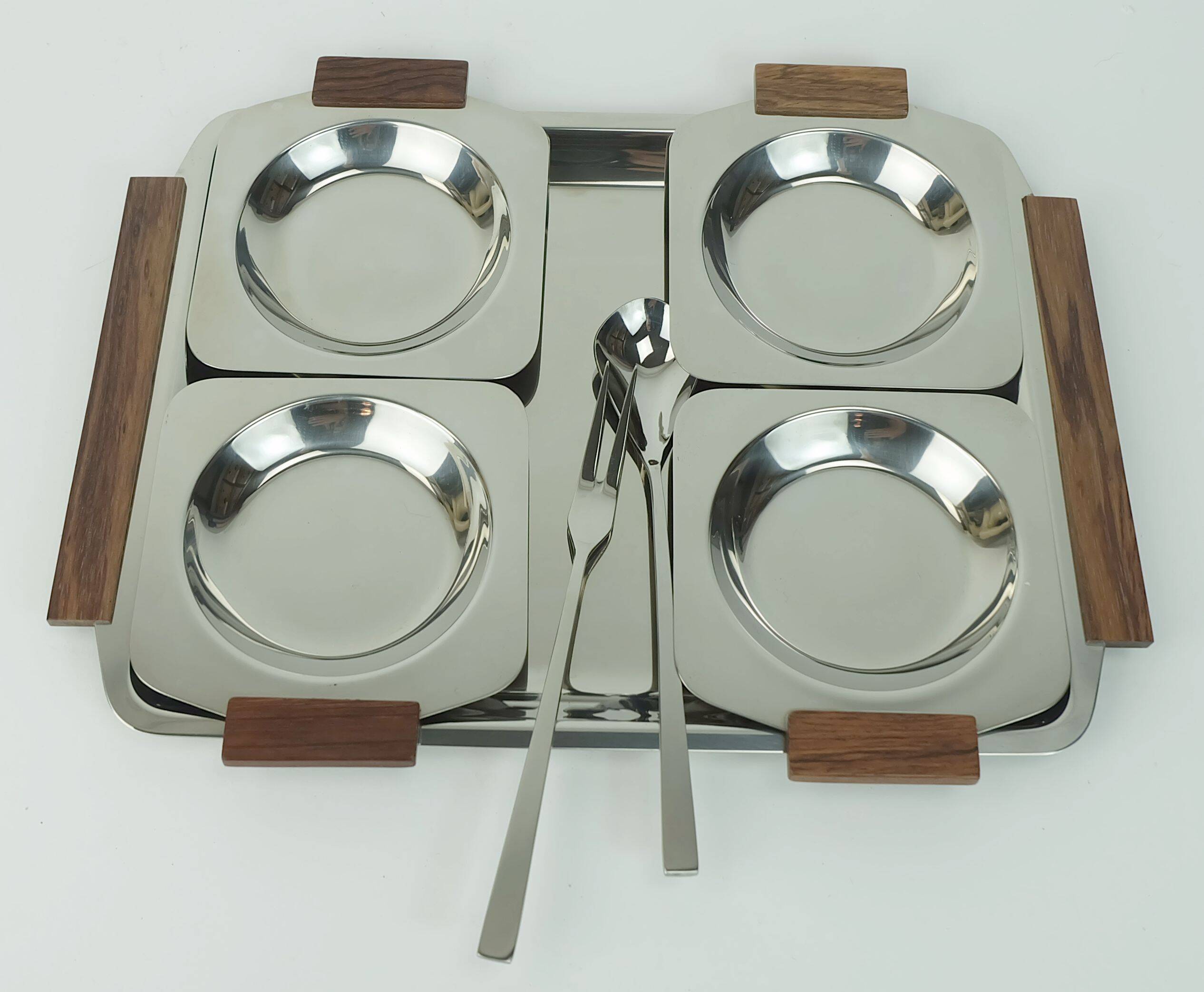 BOWL SET dip bowls party serving set stainless steel and wood 1960s