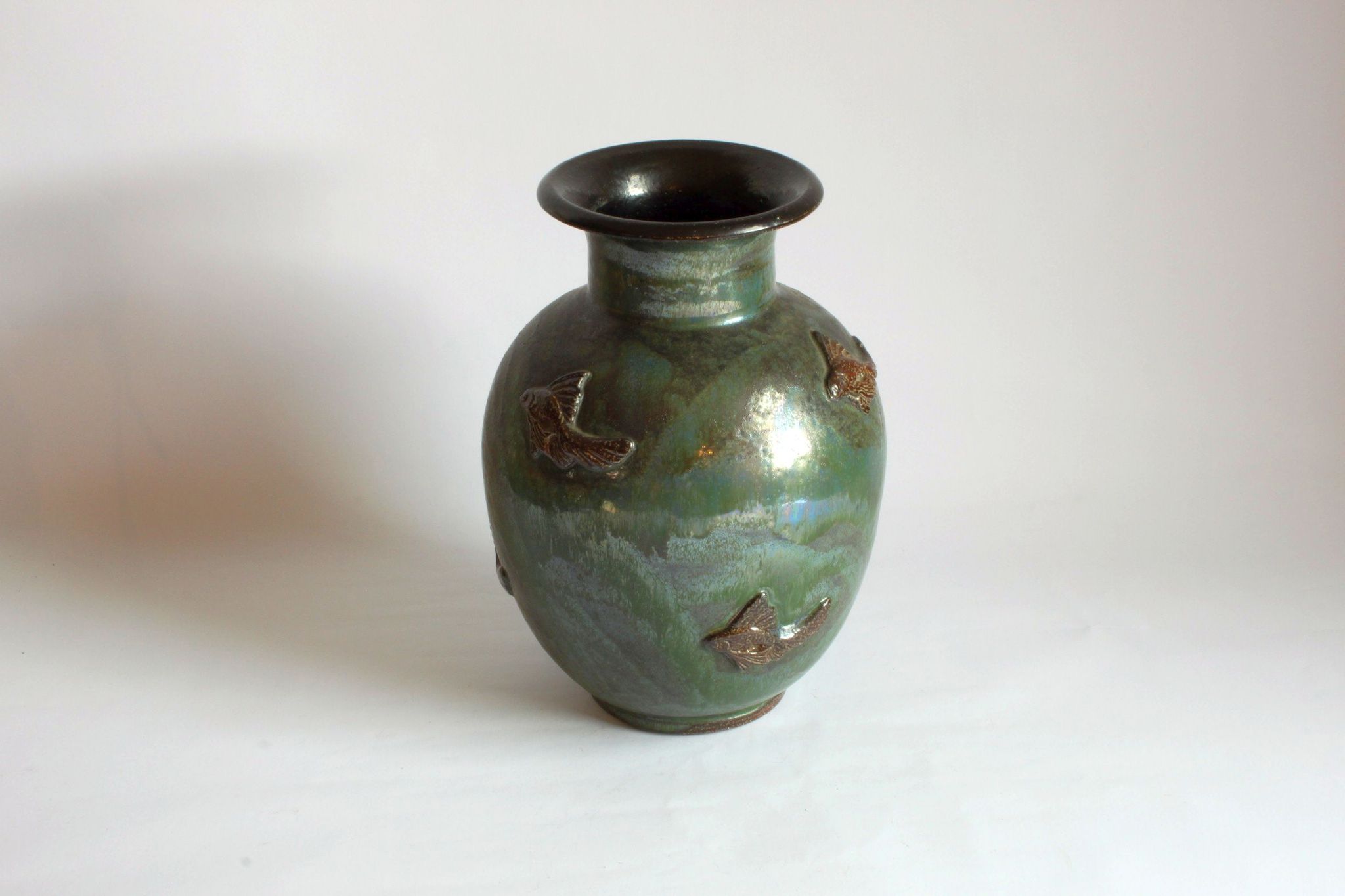 Art Deco Stoneware Vase with Fish Reliëf by Roger Guerin, Belgium, 1920s