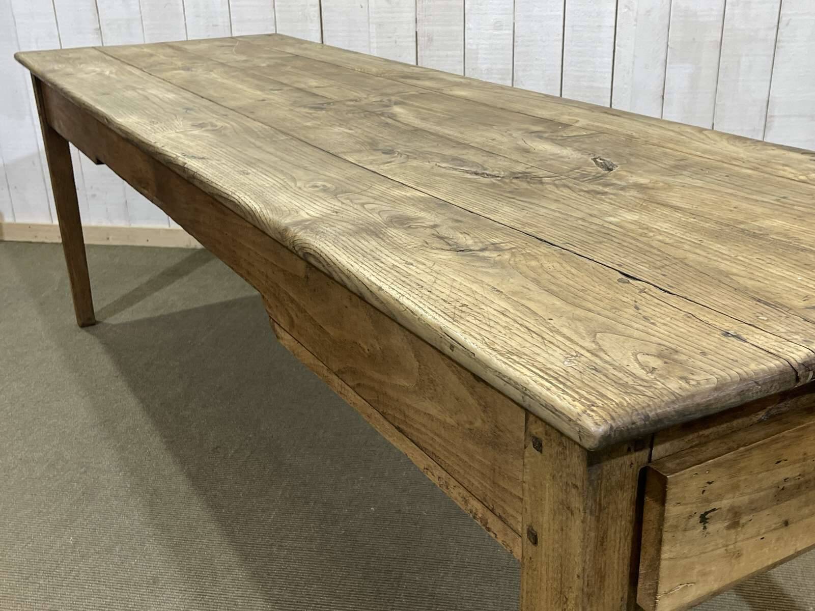 19th century farmhouse table in raw chestnut with original drawer and shelf