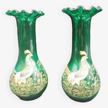 Pair of Legras Col Polylobé enameled rooster green blown glass vases circa 1900