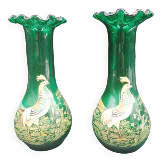 Pair of Legras Col Polylobé enameled rooster green blown glass vases circa 1900