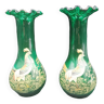 Pair of Legras Col Polylobé enameled rooster green blown glass vases circa 1900