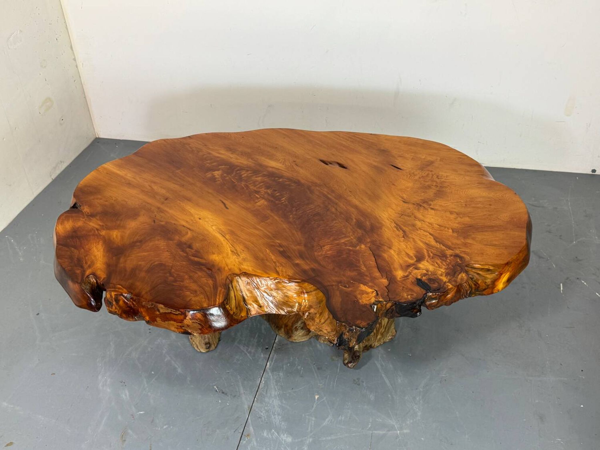 Brutalist Wabi Sabi mid-century coffee table made of natural biological burl wood.