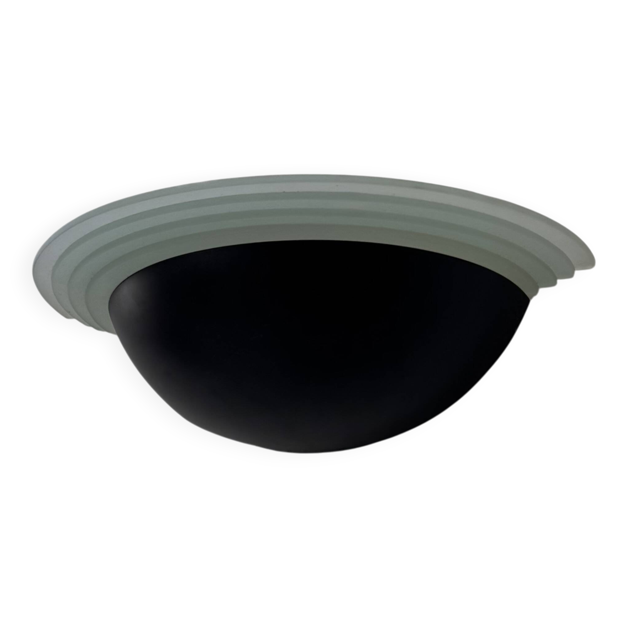 Vintage half-moon wall light, sandblasted glass and black lacquered metal, France, 1970